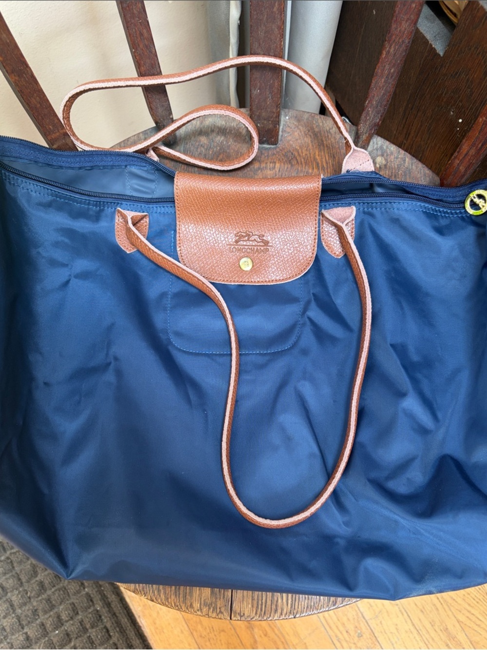 Longchamp Navy Nylon Tote with Brown Leather Trim